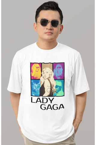 Sevbano Tasarım Lady Gaga Şarkıcı Baskılı Unisex Oversize Tişört Beyaz