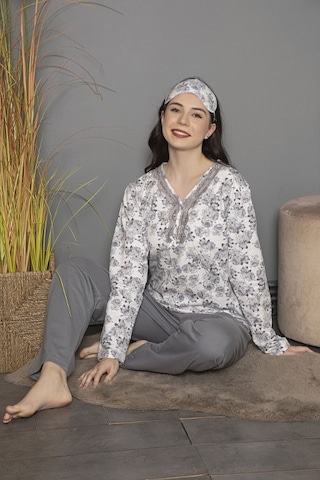 Tekten 0200 Çiçek Desenli Uzun Kollu Kadın Pijama Takımı Gri