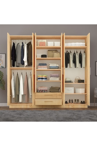 Asra Trend 6 Kapaklı Gardırop G-05 %100 MDF 2 Çekmeceli Aynalı Elbise Dolabı Safir Meşe