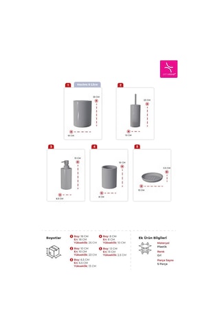 Primanova Flores 5'li Banyo Seti - Gri