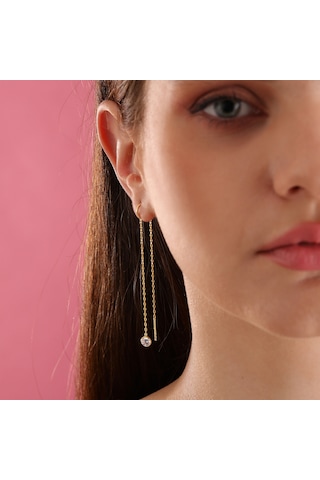 Queen Silver Jewelry 925 Ayar Gümüş Yuvarlak Zirkon Taş Sallantılı Küpe Altın