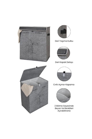 Meleni Home Keçe Deri 2 Bölmeli Çamaşır Kirli Sepeti Çok Amaçlı Katlanır Oyuncak Saklama Hurcu Gri 53x33x60 Cm Diğer