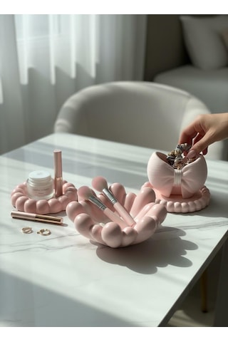Dekoratif Pembe 4 Lü Set Takı Tab Ağı,fırçalık Organizer 4 Adet