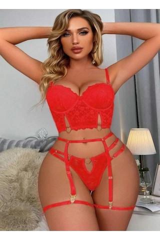 Artiyerli Dantel Detaylı Büstiyerli Fantezi İç Çamaşır Takımı 8406 Kırmızı