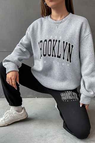 Modagen Kadın Siyah Gri Brooklyn Baskı Oversize Bisiklet Yaka Alt Üst Eşofman Takımı Grisiyah