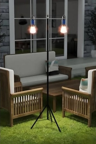 2 Lambalı, Askılı, Şarjlı Led Solar Aydınlatma Seti - Su Geçirmez Metal Standlı Açık Lacivert