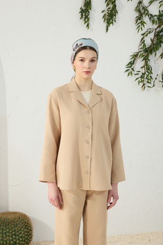 Aker Camel Düşük Omuz Ceket Yaka Pijama Üstü Camel Camel