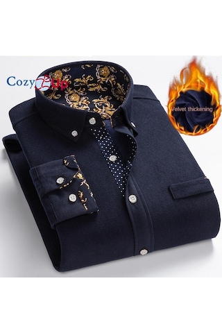 Cosy Up Fitilli Kadife Sıcak Erkek Polar Gömlek Kış İçin Sıcak Gömlek Lacivert