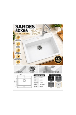 Granit Evye Sardes Series Beyaz Renk En:50 Mm Boy :61 Mm Derinlik :195 Mm