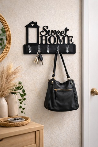 Sweet Home Duvar Askılığı 6 Kancalı Dekoratif Anahtarlık Ve Askı 39 X 28 Cm Siyah Siyah