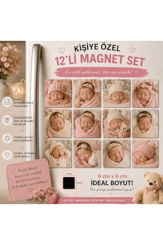 12'li Kare Fotoğraf Magneti Yenidoğan Kız Bebeğe Kişiselleştirilebilir İlk Anılar Hediye Seti