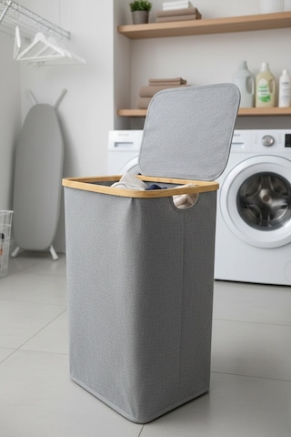 Bambu Çerçeveli 75 Litre Kapaklı Katlanabilir Kirli Çamaşır Sepeti, 60x40x30 Gri