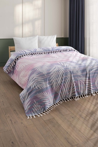 %100 Pamuk Havlu Saçaklı Bukle Yatak Örtüsü - Çift Kişilik & Püsküllü Pike - Bordo Çizgili İndigo İndigo