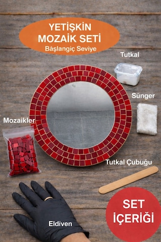 34x34cm Yuvarlak Pleksi Aynalı Yetişkin Mozaik Set Başlangıç Seviye Kırmızı Tonlar