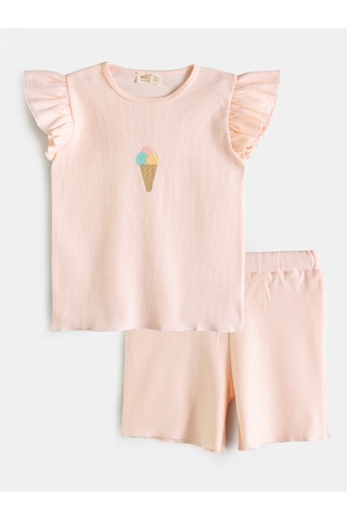 Aysbebe Kız Çocuk Dondurma Nakışlı Şortlu Kaşkorse Takım Kısa Kollu Somon MTC1002S
