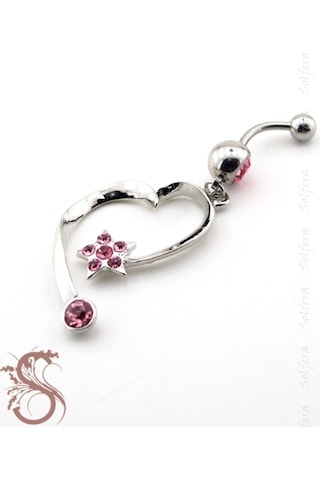 Pembe Taşlı Kalp Yıldız Cerrahi Çelik Göbek Piercing P424 Pembe