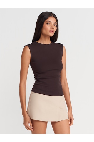 Dilvin 21054 Büzgülü Basic T-shirt-koyu Kahve Koyu Kahve Koyu Kahverengi