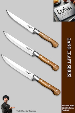 Lazbisa Mtf-003 Hand Craft Mutfak Bıçak Seti Et Ekmek Sebze Meyve Bıçağı 3 Lü Set Günlük Kullanım