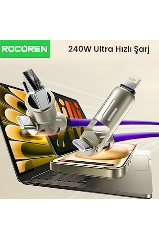 Rocoren 240w 4'ü 1 Arada Type-c / Usb-a / Lightning Mor Silikon Şarj Ve Data Kablosu 1.2 Metre