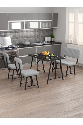 Hayat 70x110cm Sabit Bendir Mutfak Masası, Mutfak Masası Takımı, Yemek Masası, 2 Sandalye 1 Bench - Açık Gri Açık Gri
