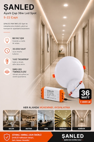 36w Ayarlı Çap Tasarruflu Led Yuvarlak Beyaz Işık Sıva Altı Slim Spot Aydınlatma Armatürü-10 Adet