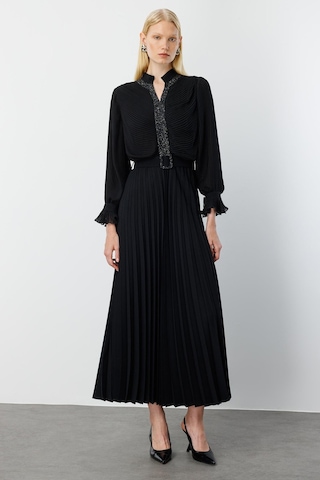 Moda İlgi Kadın Ön Bedeni Taşlı Piliseli Elbise 0060 Siyah Siyah