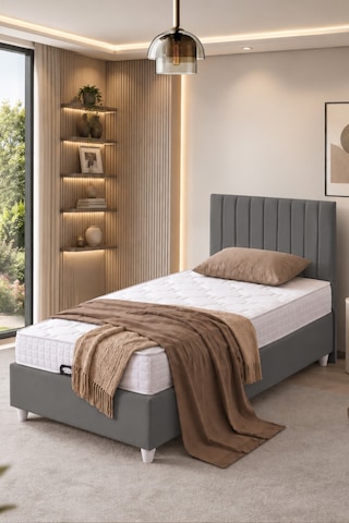 Baza Seti, Alessa Tek Kişilik Baza Başlık Maxi Yatak Seti, Gri - 100x200 Cm 100 x 200