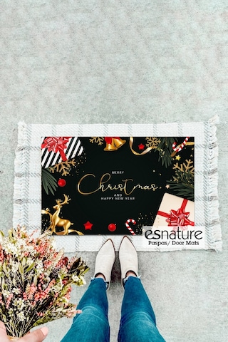 Esnature Mutlu Yıllar Merry Christmas And Happy New Year Welcome Yeşil Kapı Önü Paspası 45x70cm Çok Renkli