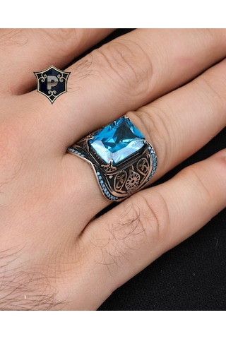 925 Ayar Gümüş Erkek Yüzüğü Aquamarine Aqua Marin Taşlı Turkuaz Taş Süslemeli 800936