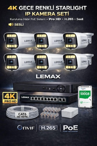 6 Kameralı 4k 1440p Full Hd Sesli Poe Ip Kamera Sistemi Gece Renkli Ultra Hd Güvenlik Seti