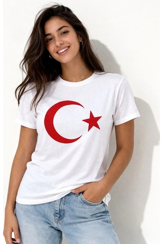 Wear Vexel Kadın T-shirt Kısa Kol Bisiklet Yaka Ay Yıldız Bayrak Baskılı Tişört - Beyaz Beyaz