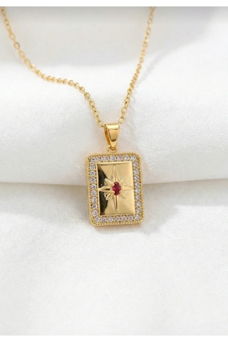 Gold Renk Zirkon Taşlı Kuzey Yıldızı Model Kolye Altın