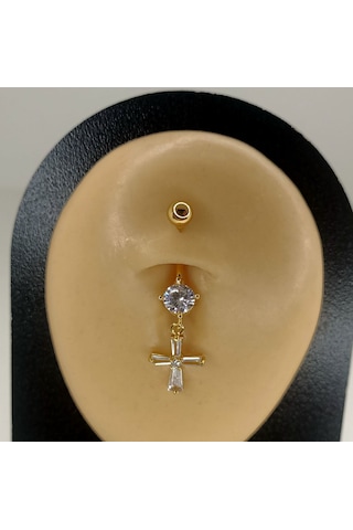 Aya Tasarım Gold Renk Taşlı Haç Figürlü Göbek Piercing