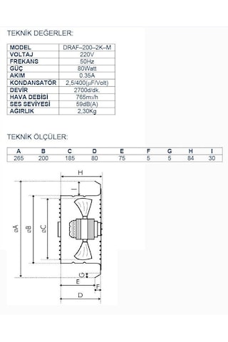 Ayas Draf-200-2K-M 20 Cm Sanayi Tipi Aspiratör