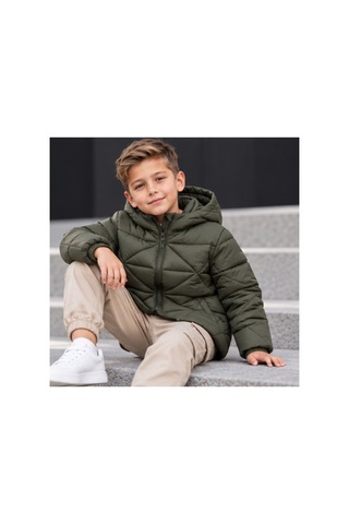 Maxx Kleın Erkek Çocuk Haki Kapüşonlu Şişme Mont Geometrik Kapitone Desenli Fermuarlı Cepli Sportif Günlük Çocuk Montu 6-8-10-12-14 Yaş