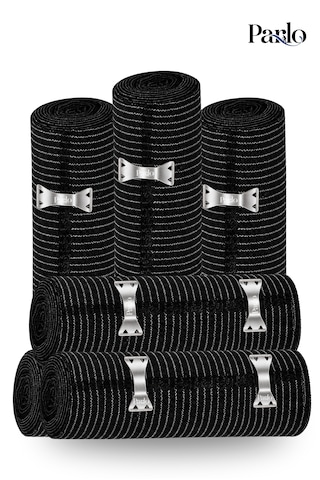 Parlo Siyah Elastik Bandaj 20 Cm X 1,5 M 6 Lı Set %300 Esnek, 4,5 M Ye Kadar Uzayan, Metal Kancalı Destek Ve Sargı Bandajı