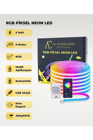 Usb Neon Rgb Piksel Şerit Led - Animasyonlu - Sese Duyarlı - 5 Metre Mobil Aplikasyon - Kumandalı 5 METRE