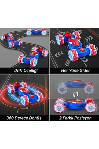 2 Kumandalı 10 Fonksiyonlu Duman Çıkaran Işıklı El Sensörlü Akrobatik Drift Atan Oyuncak Araba Kırmızı