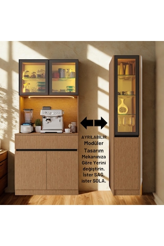 Nordıc Wood Led Li Kahve Köşesi Ünitesi Sağ Vitrinli Füme Cam Komple Mdf Modern Mutfak Kahverengi