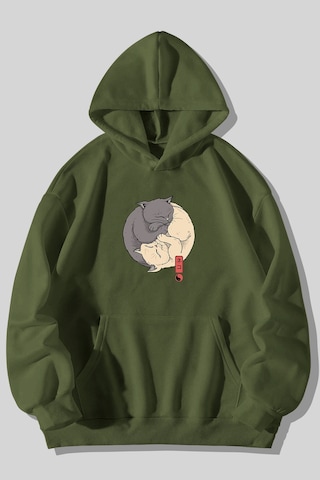 Harmandar Üç İplik Ying Yang Kedi Baskılı Unisex Çimen Kanguru Cepli Kapüşonlu Sweatshirt Hoodie Çimen
