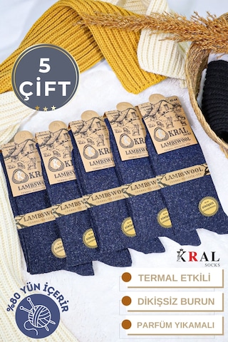 Kral Socks Erkek Kışlık Termal Etkili 5'li Paket Lambswool Kuzu Yün Çorap Lacivert