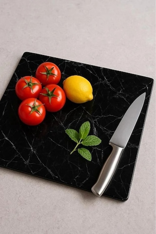 Siyah Mermer Görünümlü Cam Kesme Tahtası Kırılmaz, Oval Kenarlı 20x30 Cm Hijyenik Kesme Tahtası Siyah Mermer