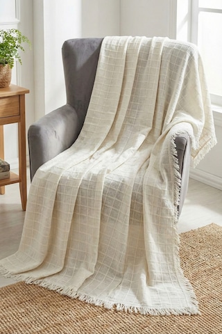 Cozy Tekli Koltuk Örtüsü Buldan Bezi Püsküllü Ekru 180x180 Cm