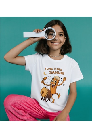 Tung Sahur Tişört Çocuk T-shirt Tung Tung Sahur Yetişkin Unisex Tişört Beyaz