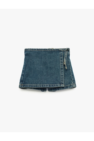 Koton Normal Bel Bağlama Detaylı Pamuklu Denim Şort Etek Orta İndigo 6smg40023ad