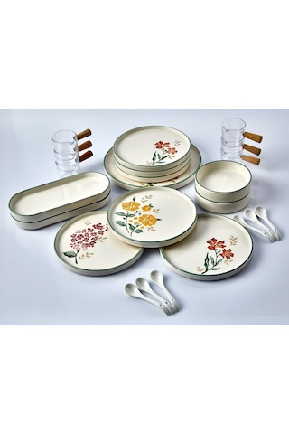 Kitchen Life 23 Parça 6 Kişilik Flowers Stackable Kahvaltı Takımı - Sosluklu ve Kaşıklı Kahvaltılık Sunum Seti Beyaz
