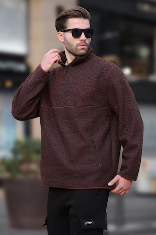 Madmext Acı Kahverengi Dik Yaka Yarım Fermuarlı Buklet Sweatshirt 7084 Acı Kahverengi