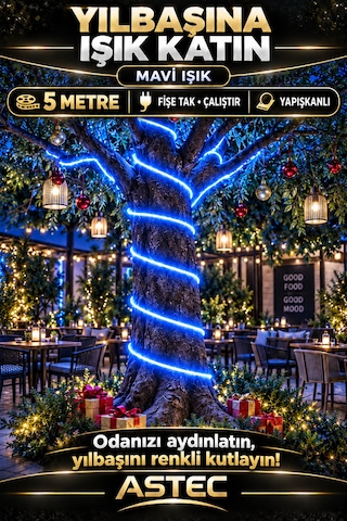 Astec Tak Çalıştır 5 Metre Yapışkanlı Mavi Şerit Led Yılbaşı Ağacı Süsü Ve Dekoratif Ev Aydınlatması Fişe 220v