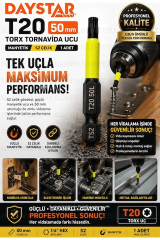 T20 Torx Tornavida Ucu 50 Mm Manyetik S2 Çelik 1/4" Hex Vidalama Ucu 1 Adet Yüksek Kalite