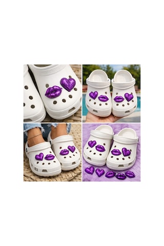 Temungur Mor Simli Kalp & Dudak Jibbitz Charm 4 Lü Set Terlik Süsü, Parlak Glitter Terlik Aksesuarı Çok Renkli